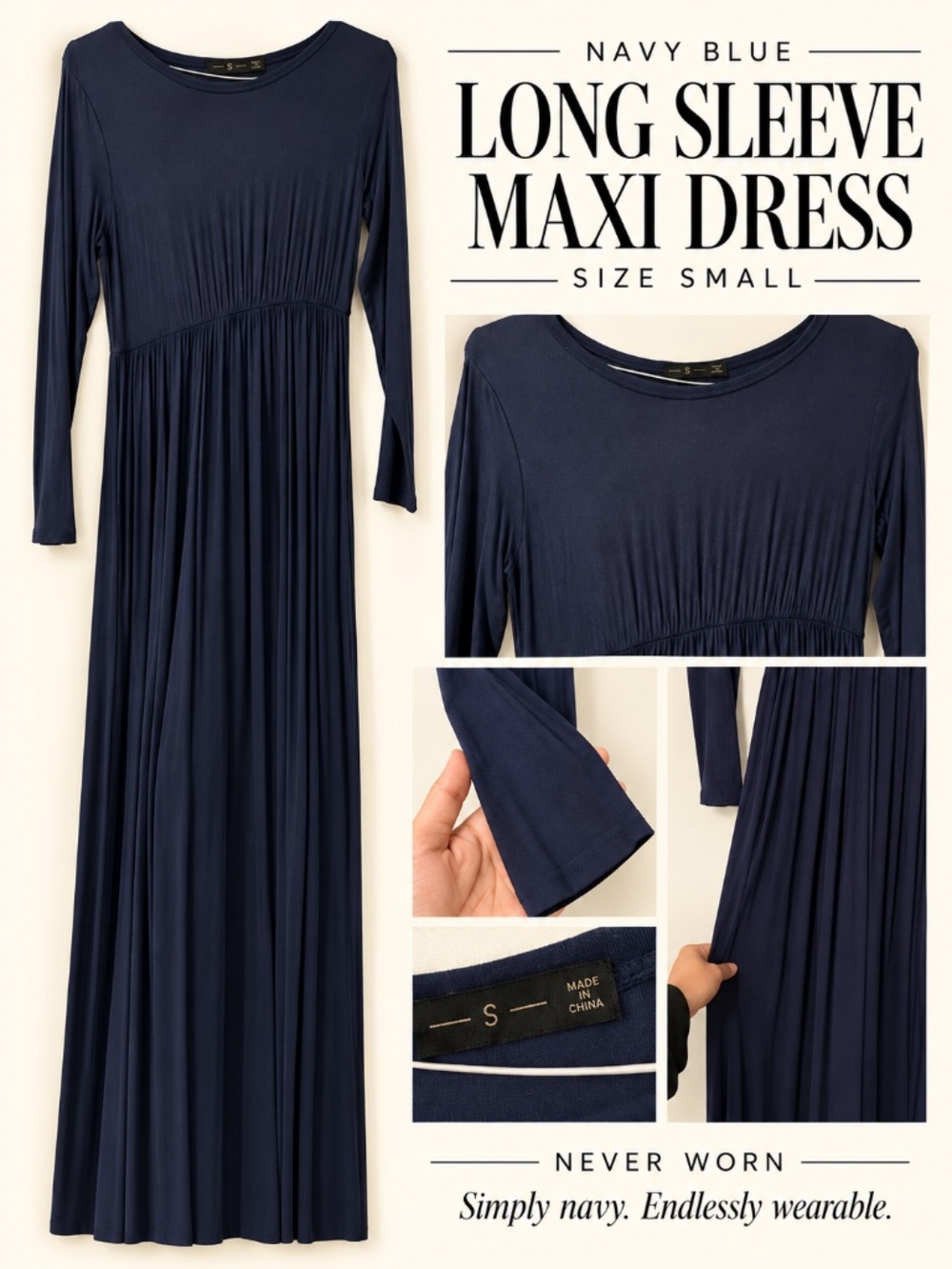Navy Blue Long Sleeve Maxi Dress